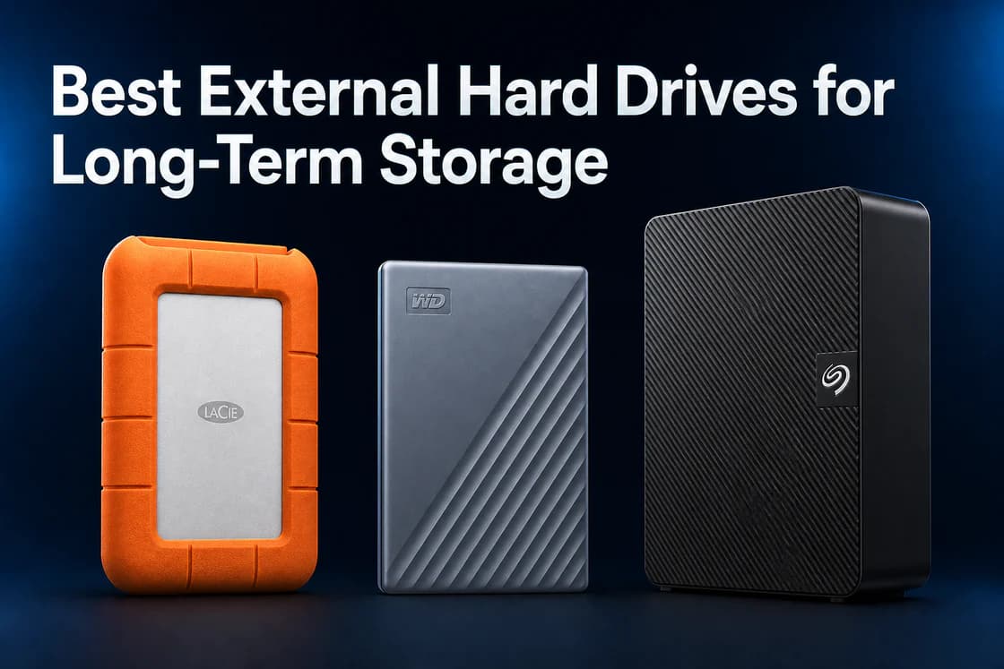 Best external hard drives for long-term storage: LaCie Rugged USB-C, WD My Passport portable, and Seagate Expansion Desktop