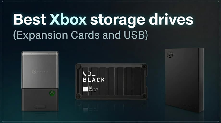 Best Xbox storage drives (Expansion Cards and USB): Seagate Xbox Storage Expansion Card, WD_BLACK P40 Game Drive SSD, and Seagate portable external drive